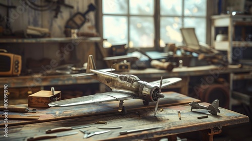 3D render of a meticulously detailed model airplane, poised for display, with an intricate livery and realistic texture effects, surrounded by scale modeling tools on a rustic wooden workbench in a hi