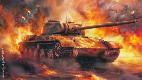 Digital Painting of a Panther tank in a World War II blitzkrieg scene, rendered in highdefinition Impressionistic style, focusing on dynamic battle action and vivid explosions