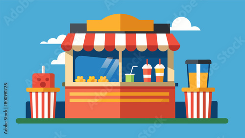 Snack Bar A makeshift snack bar offers classic movie concessions such as popcorn candy and drinks adding to the outdoor cinema experience.. Vector illustration photo
