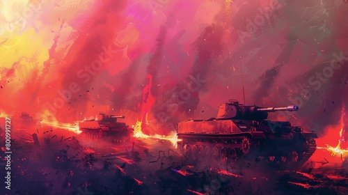 Digital Painting of Mark I tanks advancing in a smoky WWI battlefield, dynamic light filtering through explosions, set in an Impressionist style, with vibrant color palette photo