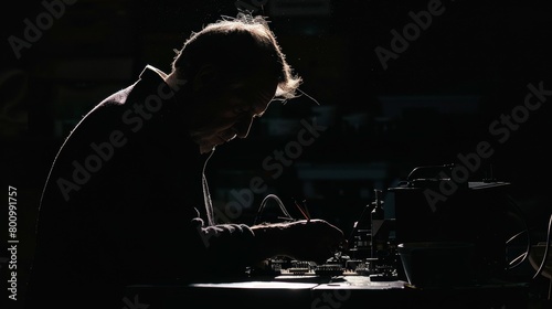 Dramatic silhouette of a hobbyist carefully constructing a model kit, captured against a deep black background, emphasizing the simplicity and absence of noise
