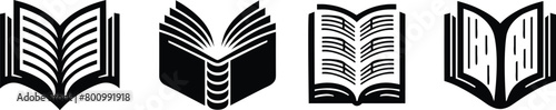 Open book black silhouettes, knowledge and education symbols set, vector illustration.