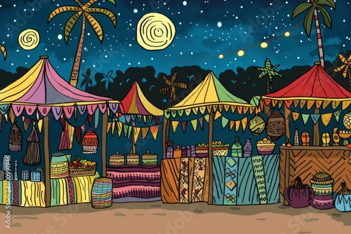 Cartoon cute doodles of a safari-themed night market, with stalls selling handmade crafts, traditional African cuisine, and souvenirs, Generative AI © Starlight