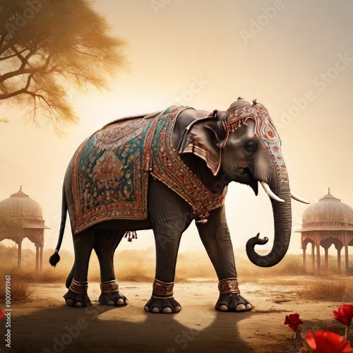 Pattern Mughal peacock elephant painting on a white background, Hindu elephant Ai generated