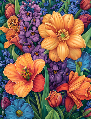 Vibrant floral painting showcasing a variety of colorful flowers