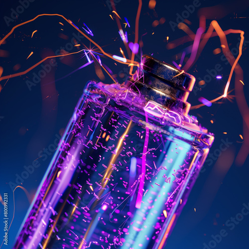 Illuminated perfume bottle with sparkling effects.