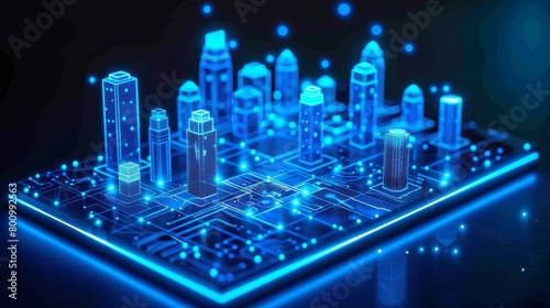 A glowing blue city on a circuit board.