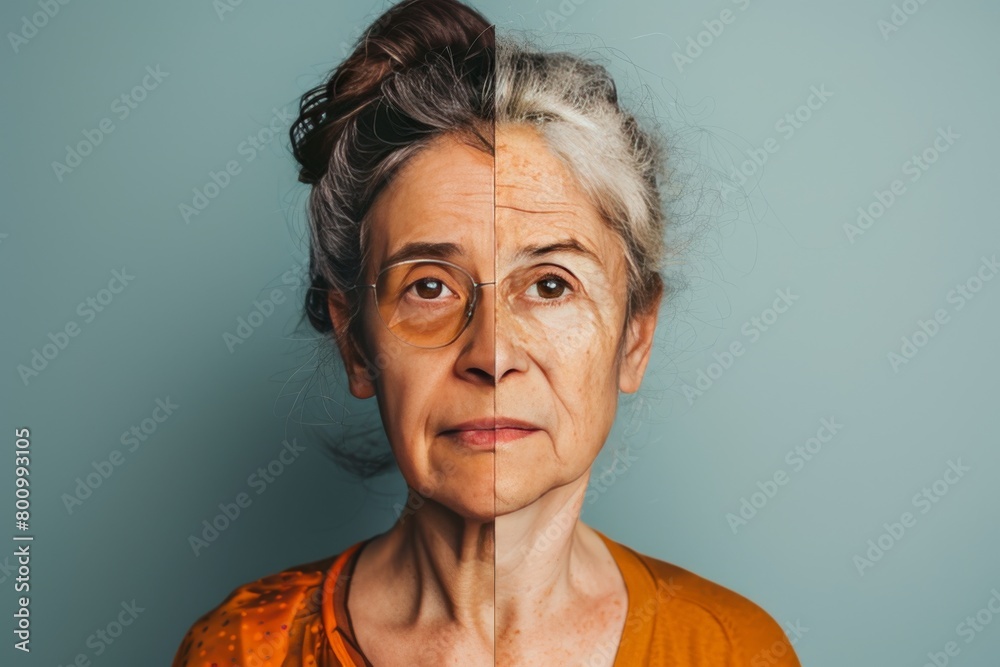 Split aging process highlights young skincare regimens and chronological aging contrasts, focusing on adult ageless beauty. Split aging process highlights young skincare regimens and chronological aging contrasts, focusing on adult ageless beauty.