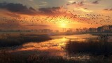 Sunrise over the wetlands signals the arrival of migratory birds, a breathtaking natural event