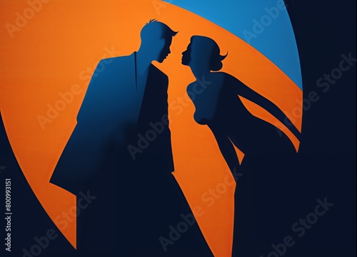 man and woman are shown in silhouette. They are standing in front of a blue and orange background.