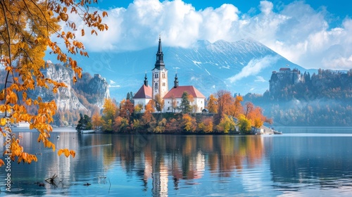 Church in the middle of a lake with blue sky and clouds, mountain in the background, Lake Bled, Slovenia