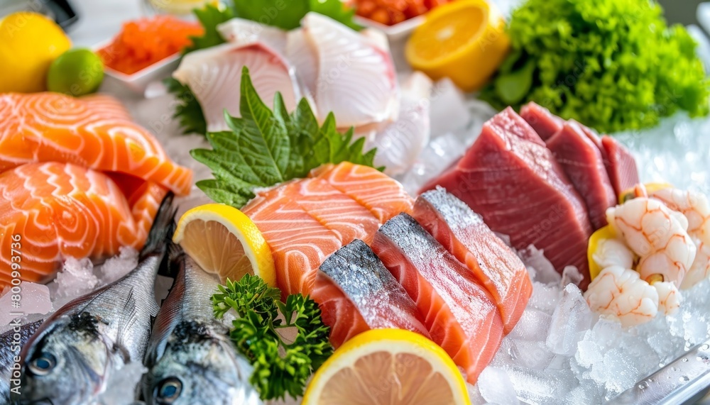 Vibrant fish and seafood display on ice at market freshness and detail captured in close up Vibrant fish and seafood display on ice at market freshness and detail captured in close up