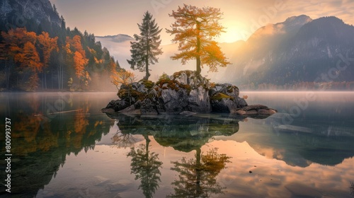 Sunrise in a lake during autumn, trees on a rock island, National park Berchtesgadener Land, Germany, Alps photo