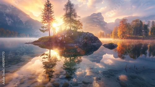 Sunrise in a lake during autumn, trees on a rock island, National park Berchtesgadener Land, Germany, Alps © Elvin