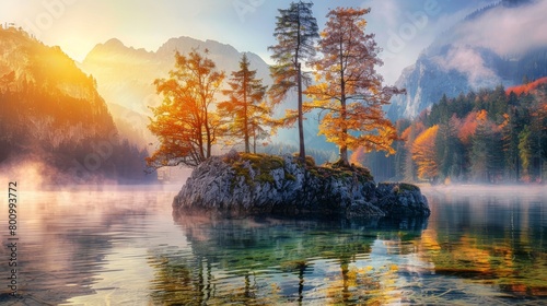 Sunrise in a lake during autumn, trees on a rock island, National park Berchtesgadener Land, Germany, Alps photo