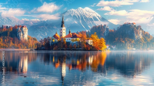 Panoramic view of a lake with a church in the middle, reflections on the water, autumn