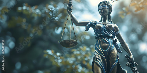 Statue of Justice blindfolded holding sword and scale, Lady justice classic over blurred background. 