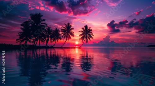 Tropical sunset on a beach with palm trees, sunset over Water and Islands, Thailand