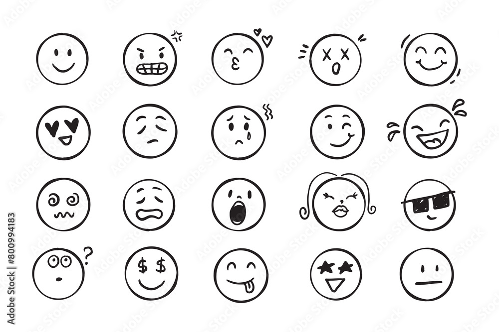 Emoji face icon doodle set. Faces with different emotion mood. Hand drawn comic sketch style. Emoji face icon doodle set. Faces with different emotion mood. Hand drawn comic sketch style.