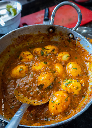 Close-up of homemade North Indianstyle egg curry gravy. Authentic cuisine, India photo