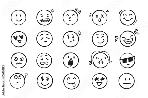 Emoji face icon doodle set. Faces with different emotion mood. Hand drawn comic sketch style. 