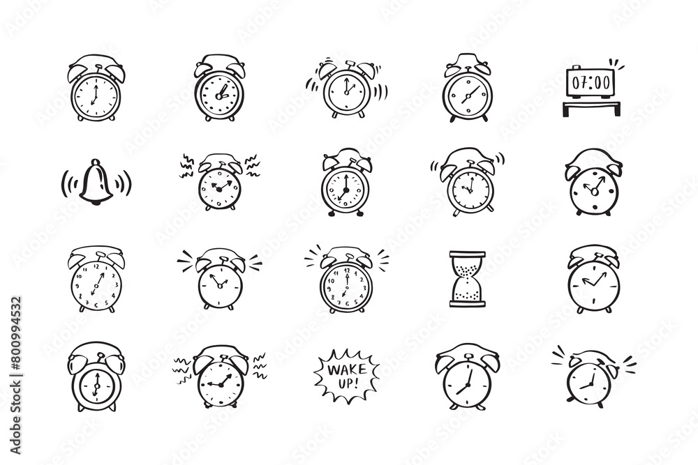 Hand drawn doodle alarm. different alarm Hand drawn doodle alarm. different alarm