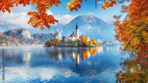 Panoramic view of a lake with a church in the middle, reflections on the water, autumn