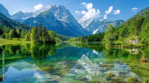 Beautiful Jasna lake with reflections of the mountains on the lake. Triglav National Park, Slovenia © Elvin