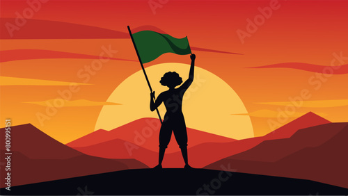 A silhouette of a person raising the Juneteenth flag against a beautiful sunset creating a powerful and emotional image.. Vector illustration
