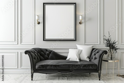 A single blank frame leans against a velvet chaise lounge in an Art Deco-style bedroom photo