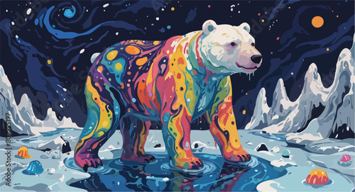 Psychedelic Art - Sad Polar Bear Illustration - Impact of Global Warming, Pollution, Increasing Ice Melting.