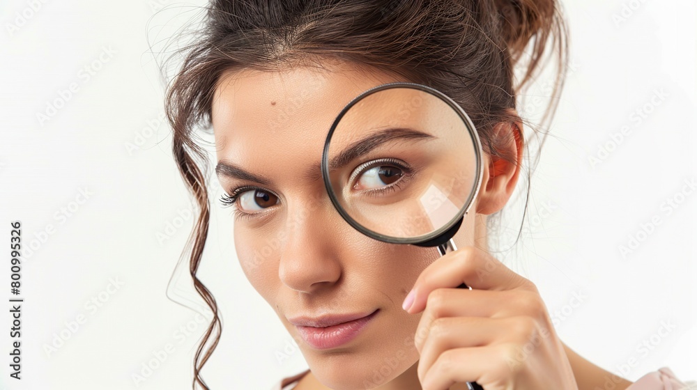 Woman looking through magnifying glass on white background Woman looking through magnifying glass on white background