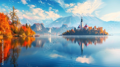 Panoramic view of a lake with a church in the middle, reflections on the water, autumn