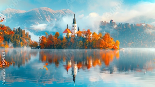 Panoramic view of a lake with a church in the middle, reflections on the water, autumn