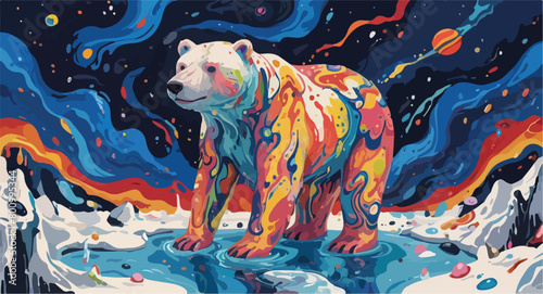 Psychedelic Art - Sad Polar Bear Illustration - Impact of Global Warming, Pollution, Increasing Ice Melting.
