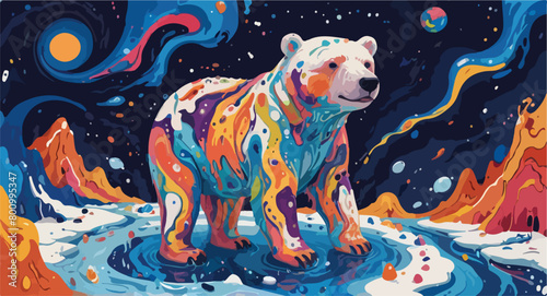Psychedelic Art - Sad Polar Bear Illustration - Impact of Global Warming, Pollution, Increasing Ice Melting.