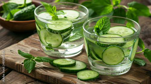 Glasses of tasty fresh cucumber water with ingredients