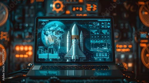 Launching Space Rocket From Laptop Screen. Image of a laptop screen displaying a mission control interface, Generative AI