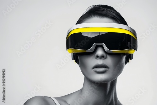 Beautiful woman with flowing hair in futuristic dress on white background. Girl in virtual reality glasses. Augmented reality, game, future technology concept. VR.