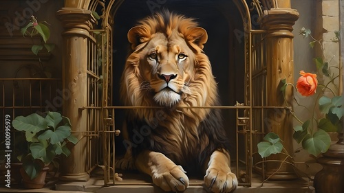 An exquisite painting of a lion in a cage