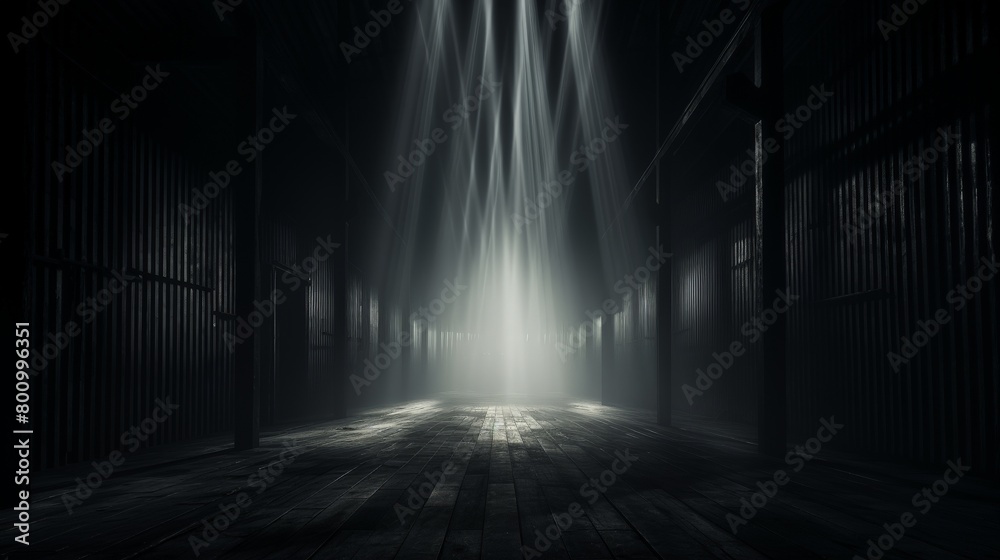 The dark, mysterious warehouse is illuminated by a single light source, creating a dramatic and eerie atmosphere.
