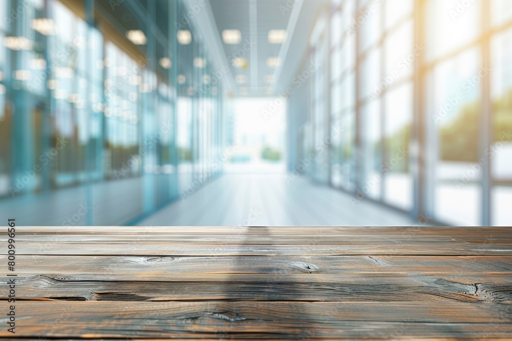 Empty wood table top and blur glass window wall building banner mock up abstract background - can used for display or montage your products - generative ai Empty wood table top and blur glass window wall building banner mock up abstract background - can used for display or montage your products - generative ai