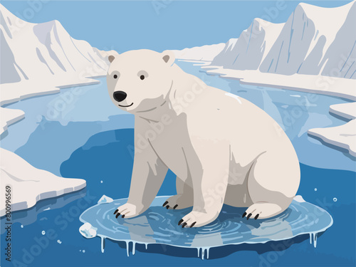 Sad Polar Bear Illustration - Impact of Global Warming, Pollution, and Increasing Ice Melting.