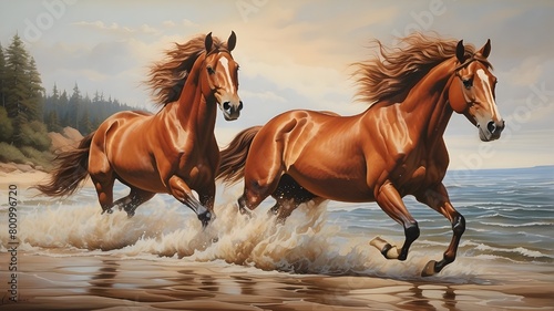 a painting that shows a chestnut horse galloping down the shore.