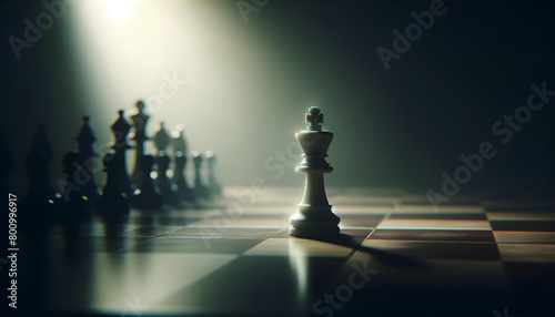 theme of perseverance. It features a lone white king chess piece, standing resiliently on an empty chessboard, illuminated softly against a shadowy background.
