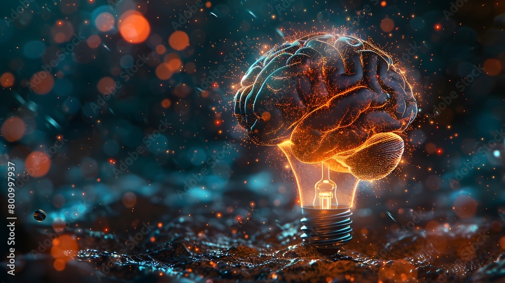 Enlightened Creativity, Creative Idea with Brain and Light Bulb Illustration, with Generative AI Technology
