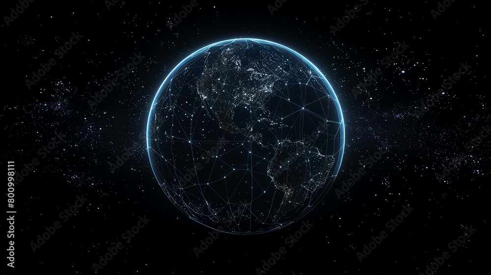 A glowing blue and black planet Earth with a network of glowing blue lines