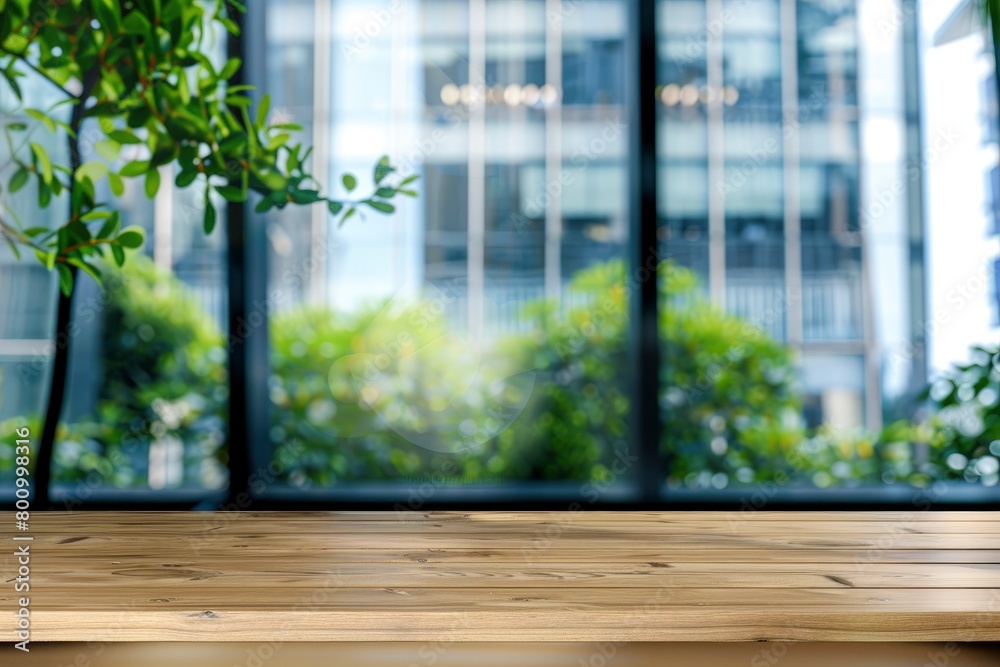 Empty wood table top and blur glass window wall building banner mock up abstract background - can used for display or montage your products - generative ai Empty wood table top and blur glass window wall building banner mock up abstract background - can used for display or montage your products - generative ai