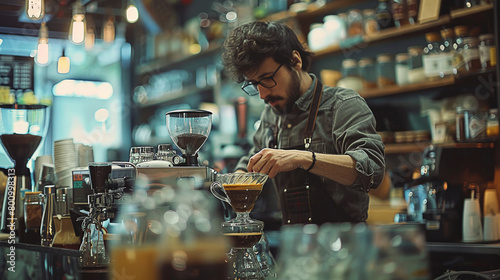 Focused Craft of Coffee Making Barista Finesse at Work in a Cozy Artisanal Cafe.