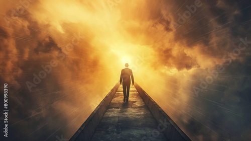 A solitary figure approaches a brilliant light at the end of a bridge, suggesting a journey towards enlightenment or rebirth